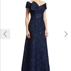 Rickie Freeman for Teri Jon metallic jacquard gown with bow accented bodice